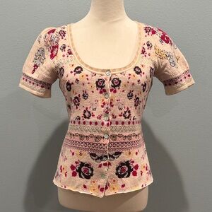 Anthropologie Moth Floral Knit Short Sleeved Wool Blend Cardigan Small